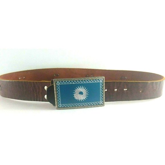 Women\'s Vintage Leather Belt Western Silver Tone & Turquoise Buckle Spiral Small main image 5